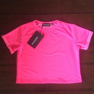 PrettyLittleThing Neon Pink Roll Slv Crop T-shirt